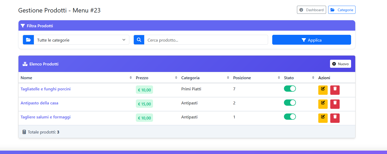 Gestione Prodotti MenuQR